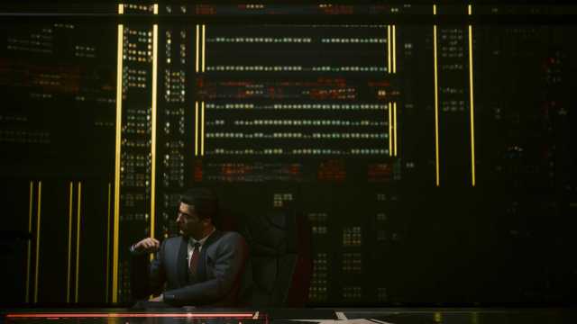 an arasaka board member sits in his office overlooking corpo plaza