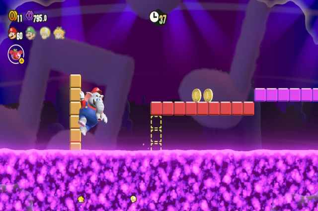 Elephant Mario is wall-jumping on disappearing platforms as gooey water raises.