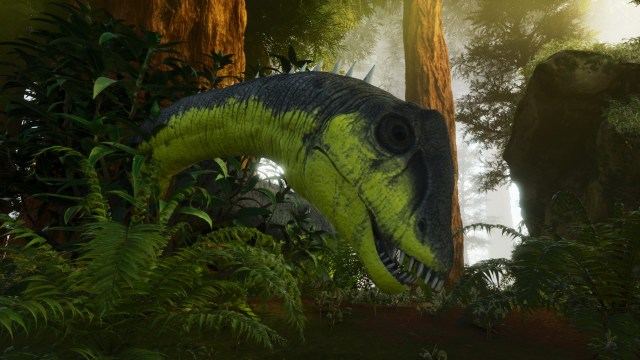 The head of a Diplodocus peering through plants in Ark: Survival Ascended.