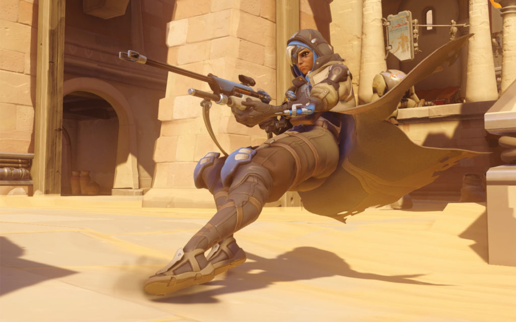 Ana from Overwatch sliding into battle.