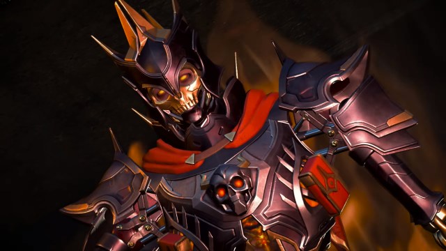 A close up of Revenant's prestige skin. He is wearing gray gothic knight armor and his faceplate has been replaced with a golden skull.