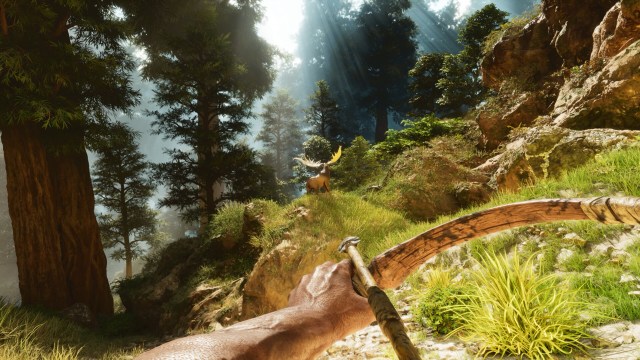 A first-person view of a hunter aiming a bow at a moose in ARK: Survival Ascended.