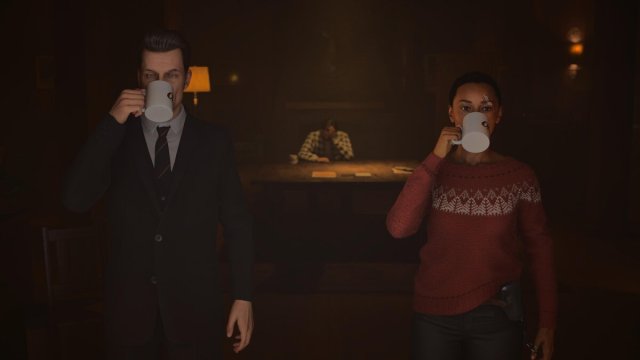 Alex Casey and Saga Anderson sipping coffee in Alan Wake 2
