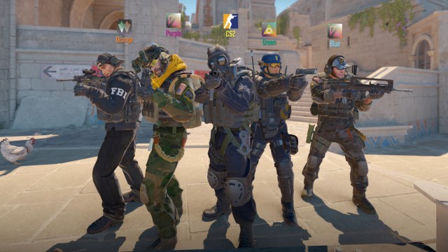 A team of Counter-Terrorists stand posing ready for battle in CS2.