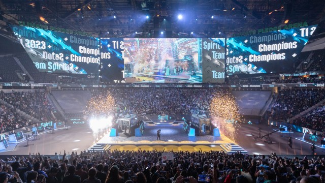 A stadium filled with Dota fans cheers as Team Spirit wins The International 2023.
