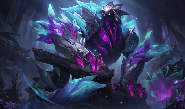 The splash art of Elderwood Rek'Sai, where the Void jungler is covered in tree bark and otherworldly plants.