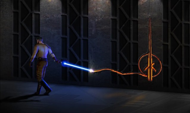 There is someone holding a lightsaber and walking as it slices a metal wall. There is a logo etched into the wall.