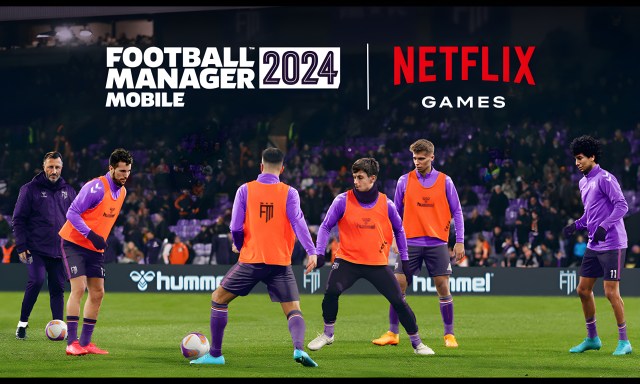 Players passing the ball with Football Manager 2024 and Netflix logos above their heads