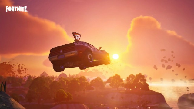 A car flying into the sunset in Fortnite.