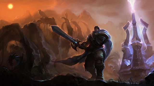 Garen stands in front of the League of Legends Dominion mode Nexus while Nocturne lurks in the shadows.