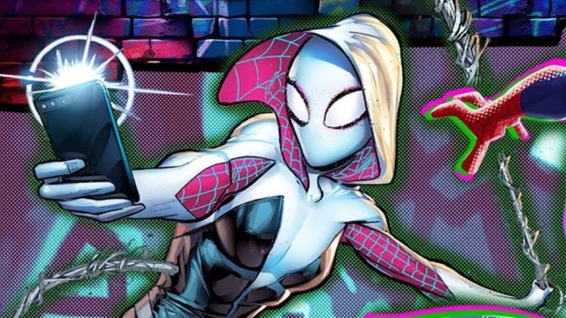 Gwen Stacey, AKA Ghost Spider from the Spider-Verse movie series, swings in on a web while holding a cellphone taking a photo.