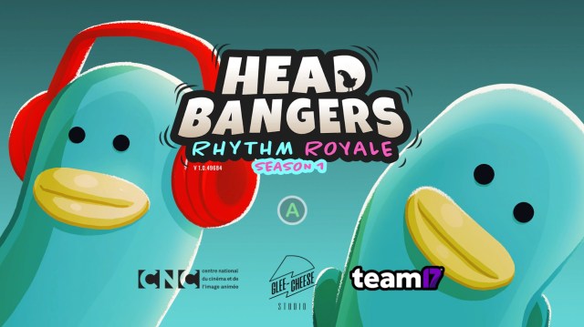 Two pigeons next to the title of the game. One pigeon is wearing red headphones