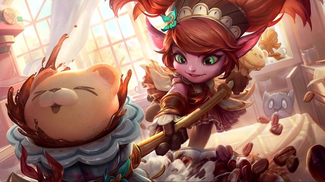Cafe Cuties Poppy smashes a huge pecan pie with her hammer in League of Legends