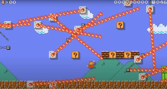 Mario jumping over Firebars in Mario Maker
