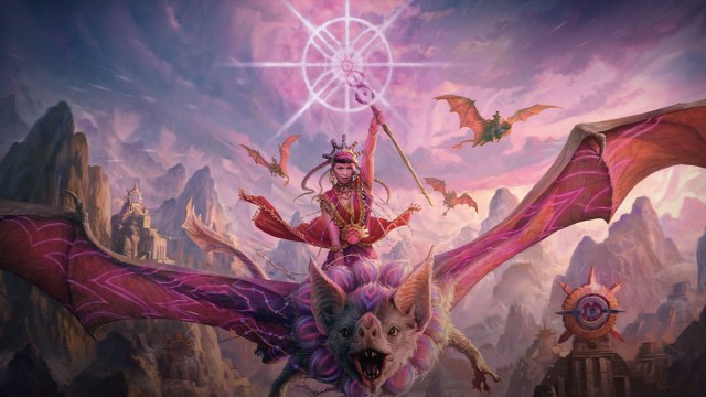 A priest rides a bat-like creature while holding a staff glowing with pink energy from The Lost Caverns of Ixalan expansion in MTG.
