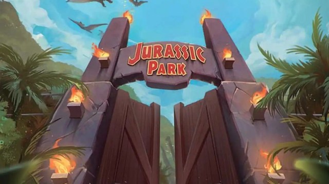 Image of gates to Jurrasic Park through MTG Jurrasic World Universes Beyond Jurassic Park legendary land