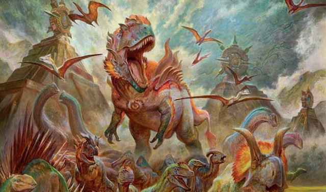 Gishath leading other dinosaurs to battle on MTG card in LCI set