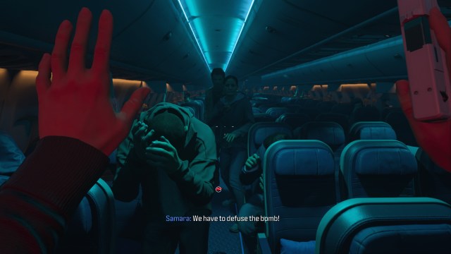 A woman pleads with airplane passengers to defuse the bomb that's been strapped to her chest in MW3.