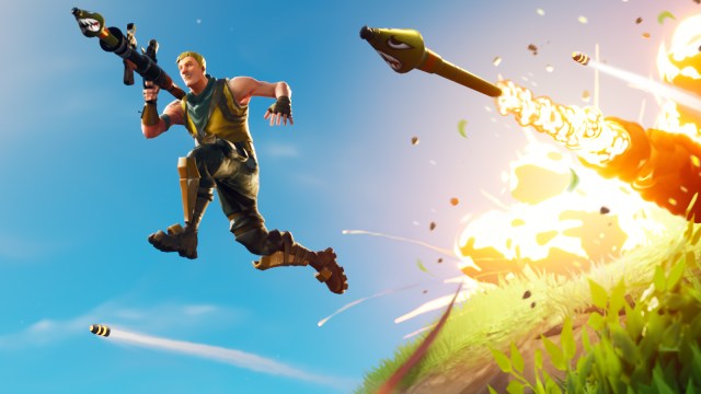 Jonesy jumping away from some rockets in Fortnite.