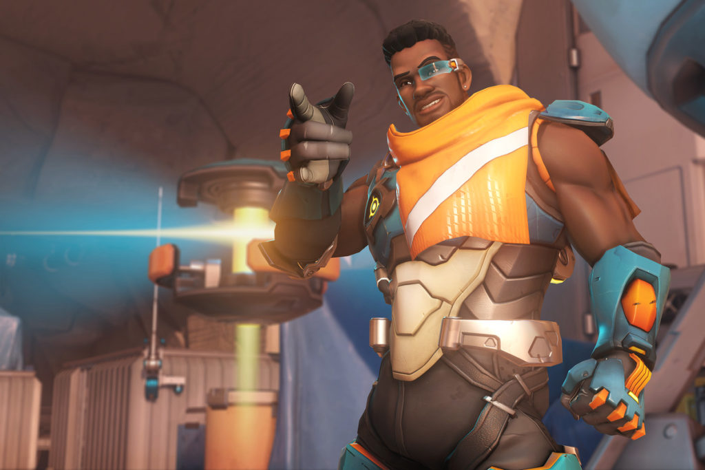 Overwatch hero Baptiste preparing for battle.