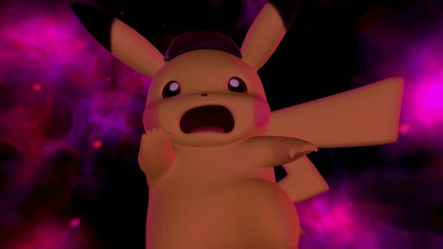 Detective Pikachu falling through a dark brackground.