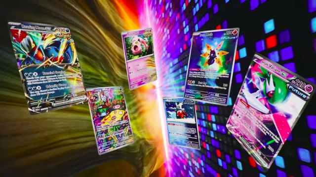 Past and Future Paradox Pokemon TCG cards flying across a split background.