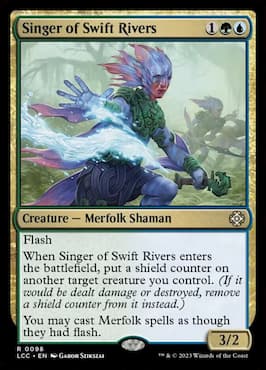 Merfolk casting a spell in battle through swamp land