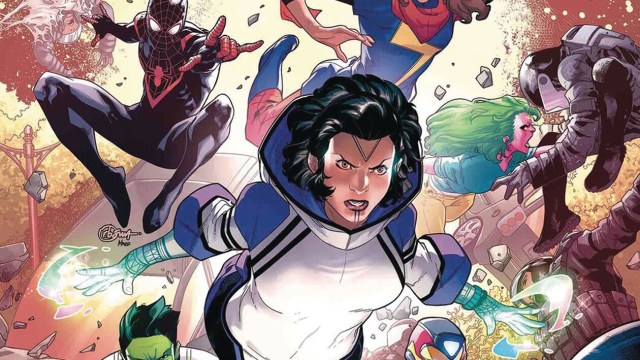 Snowguard in the comics, alongside Spider-Man, Miss Marvel, and other superheroes
