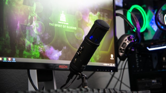 A streamer microphone, a PC, and a monitor.