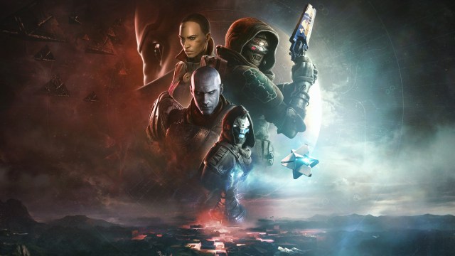 Key art for The Final Shape showing a drawing of Cayde (Center), Zavala (Center-Left), and Ikora (Center-Left, above the two), with a Hunter and their Ghost on the center/right part of the image.
