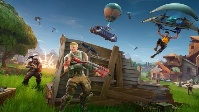 A loading screen in Fortnite Season One showing players in combat.