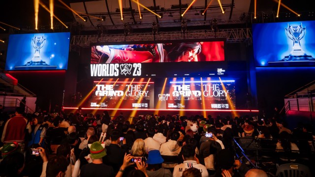 Worlds 2023 fans seating in front of the swiss stage scene.