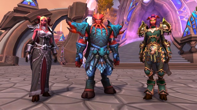 Three red Draenei standing next to each other