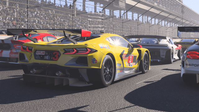 A racing Corvette on the grid in Forza Motorsport.