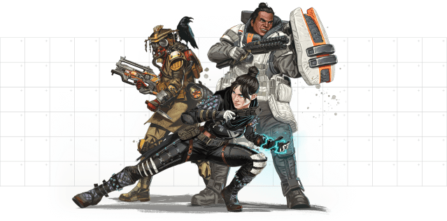 Apex characters Bloodhound, Gibraltar, and Wraith joining forces.