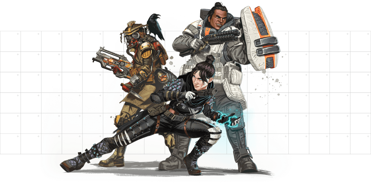 Apex characters Bloodhound, Gibraltar, and Wraith joining forces.