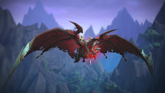 WoW character riding Armored Bloodwing mount