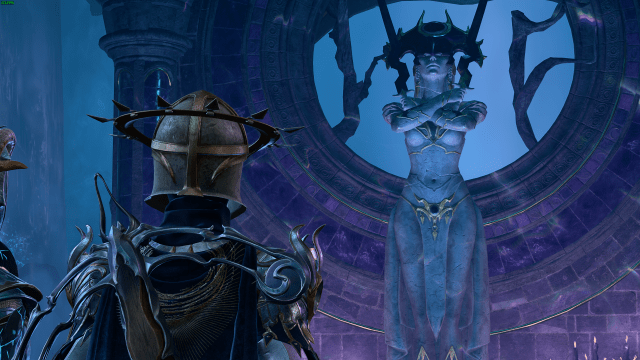 Our character looking at a statue of Shar