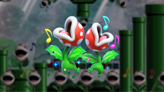 Singing Piranha Plants from Mario on the foreground surrounded by music notes. Blurred background of the Piranha Plant parade.