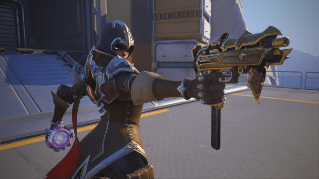 Sombra pointing her crossbow-like Machine Pistol while wearing her Demon Hunter skin
