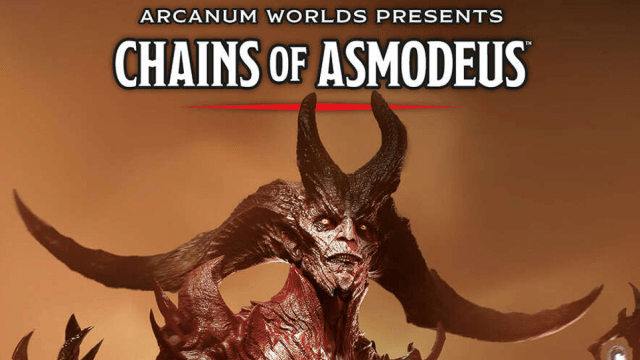 A horned devil looks towards the audience on the cover of the new adventure book Chains of Asmodeus in DnD 5E.