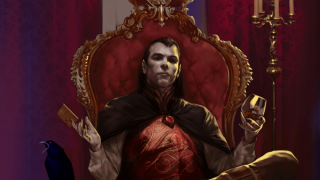 A vampire sits on a scarlet throne with a glass of wine in his hand, flaunting the other in DnD 5E.