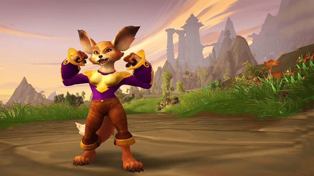 Vulpera flexing its muscles in a purple shirt.