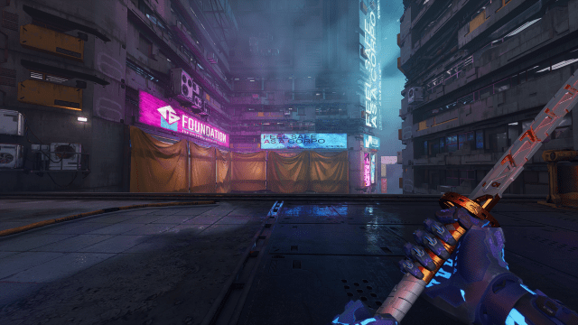 Two neon billboards over a cement passageway in a city at nighttime in Ghostrunner 2
