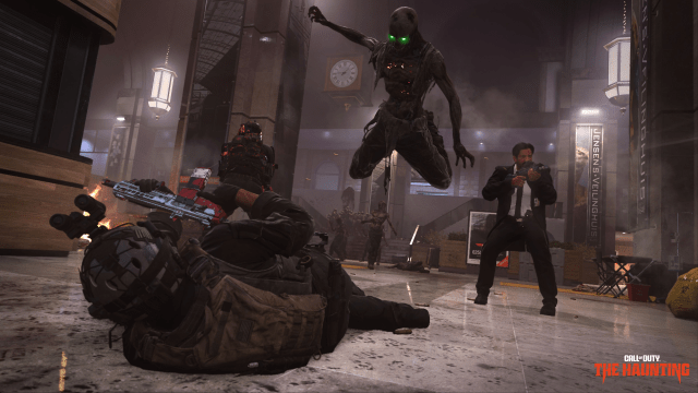 An operator lays on the ground as zombies leap at them on the floor in a train station on Vondel in Call of Duty.