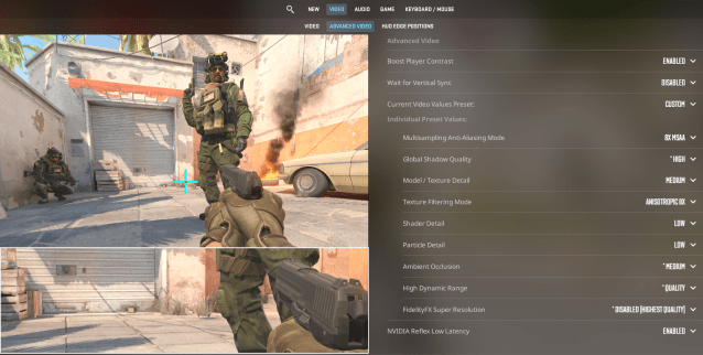 A screenshot of the CS2 settings menu with a variety of settings highlighted.