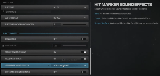 A screenshot of the MW3 settings, featuring an option for hitmarker sound effects.