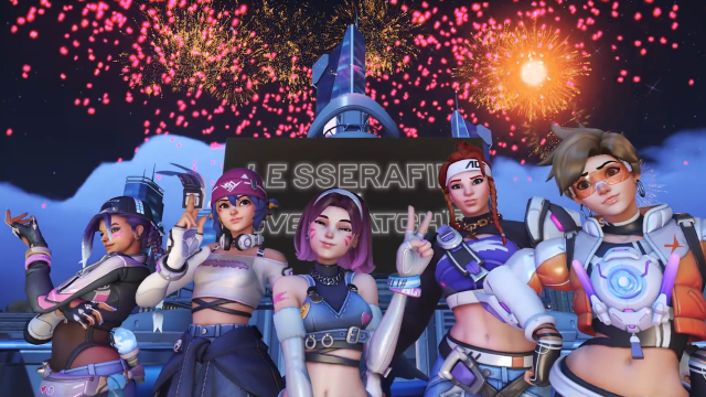 Sombra, Kiriko, D.Va, Brigitte, and Tracer in their Le Sserafim collab skins.