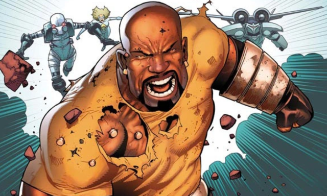 Luke Cage in the comics, releasing his anger while wearing his brown shirt and metallic hand armor
