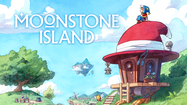Moonstone Island key art with the main character sitting on top of a hat-like house.